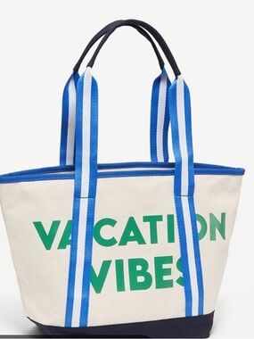 NWT Old Navy Canvas 'Vacation Vibes' Tote Bag in Cream and Blue